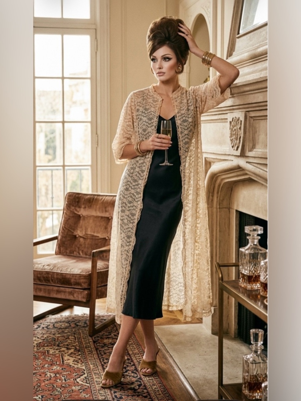 VTG 60s Henson Kickernick Beige Lace Open Front Bedcoat Robe Peignoir Small